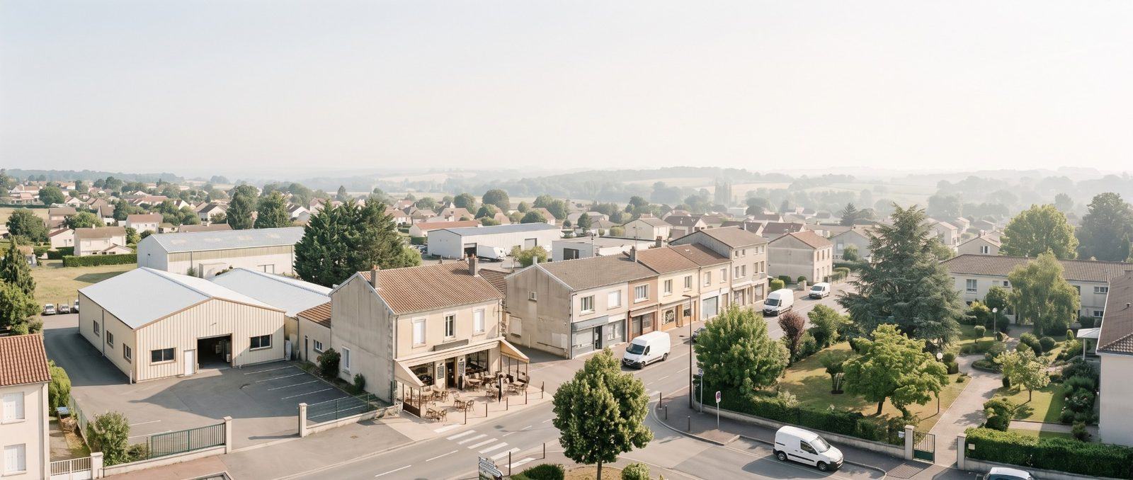 Une ville française au petit matin : un atelier, une brasserie, des commerces et une résidence, côte à côte.